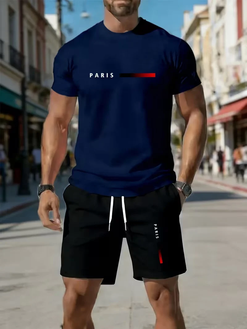 Men's sports two-piece set short sleeved T-shirt and shorts running and fitness sportswear summer promotion latest hot selling view 4