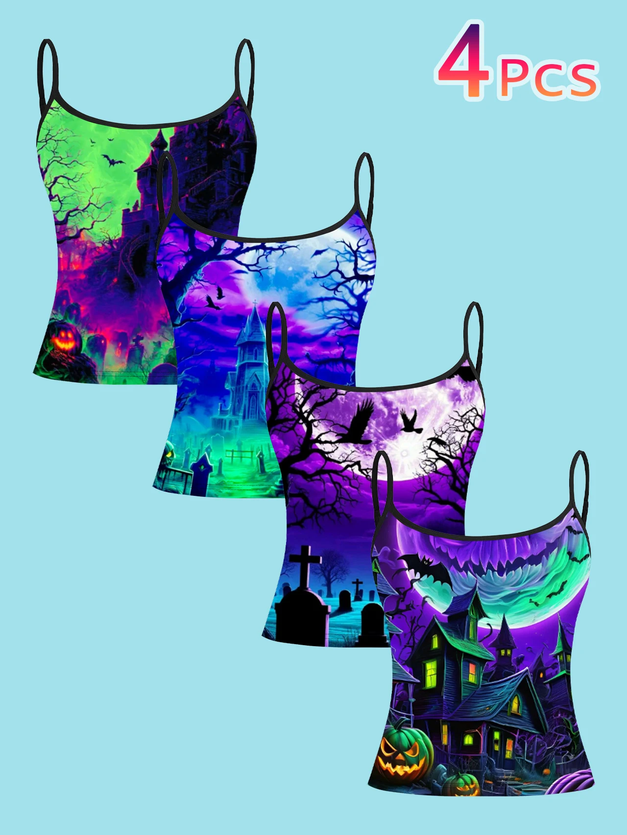 4-Pack of Neon Colorful Halloween Castle and Cemetery Print Camisoles for Women, Dark Gothic Spaghetti Strap Slim-Fit Inner Tops