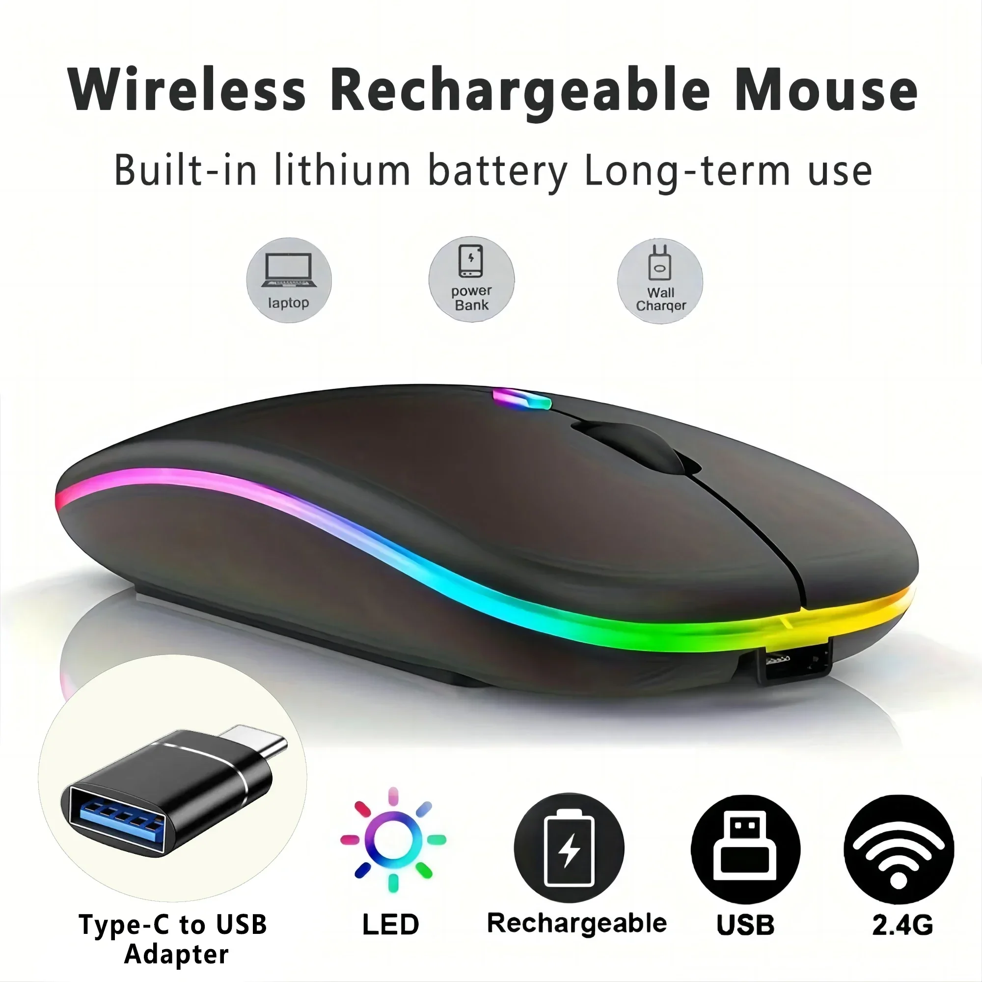 Ratón inalámbrico Bluetooth con Adaptador tipo C a USB, recargable por USB, ratón de juegos Bluetooth para MAC/portátil/PC/Windows