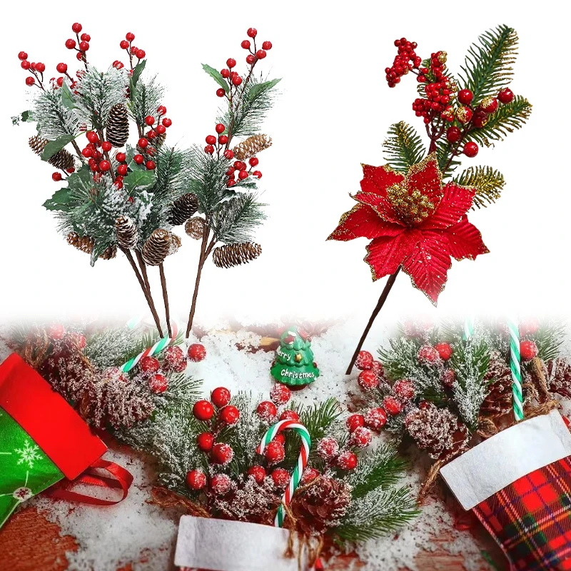 

Artificial Berry Twigs Pine Needles Stems Floral Picks for DIY Christmas Craft Decora for Tree Wreath Gift Box Desktop Display