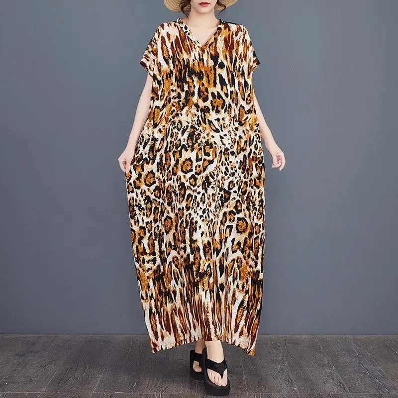 Damska luźna sukienka Boho Leopard Print V-Neck Maxi Dress G116 - Wiosna Lato 2025 Casualowa sukienka plażowa, duży rozmiar szyfonowa szata w stylu