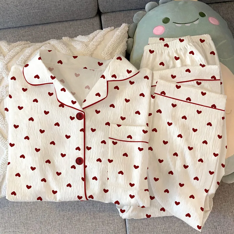 Gentle Wind Girl Love Cardigan Pajamas Red Heartrs Printed Spring New Wrinkled Cloth Loungewear Long-sleeved Pajamas for Women