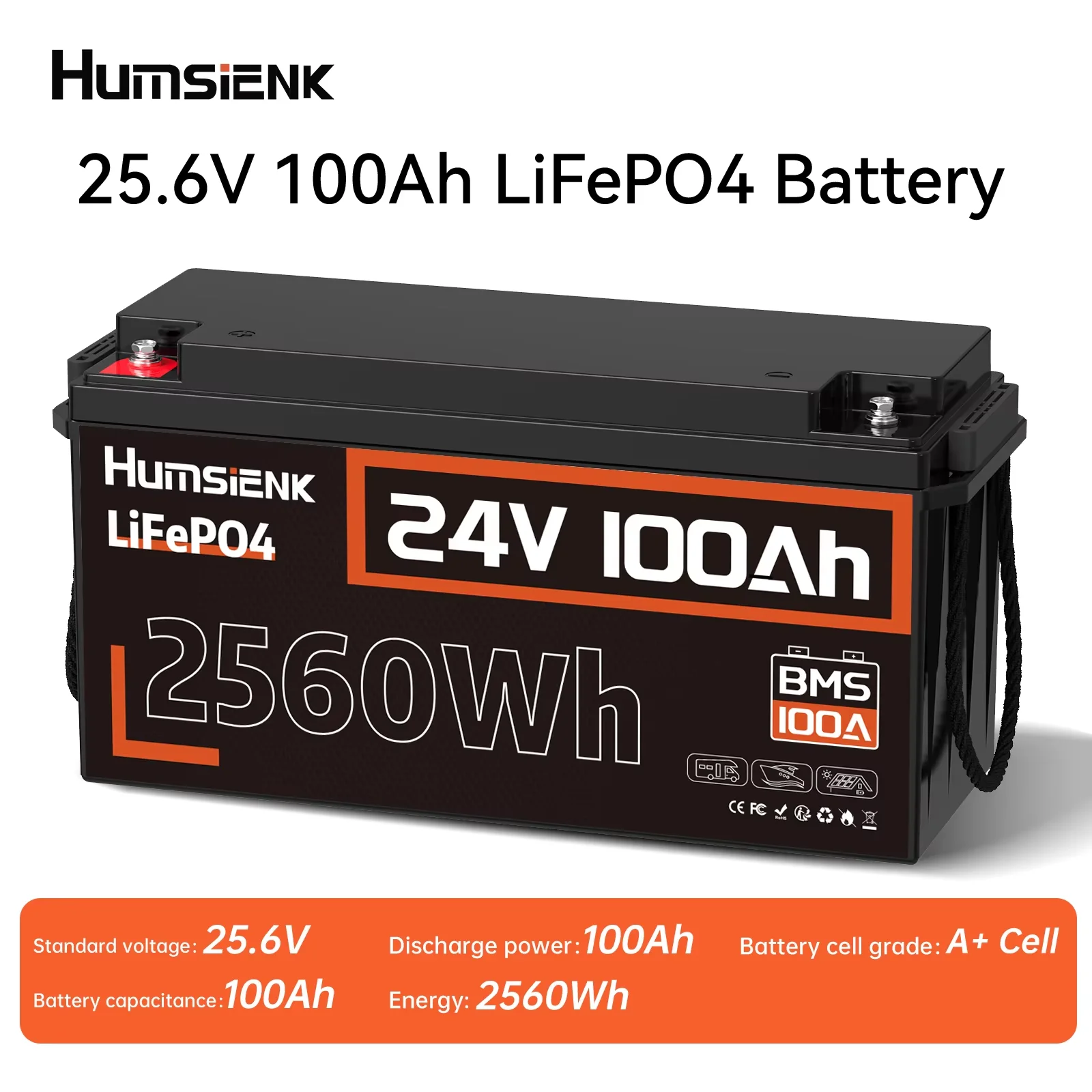 Humsienk 24V 100Ah LiFePO4 Battery 15000 Cycle 100A BMS UP 2560W For RV, Camper, Solar, Marine, Off-Grid,2-year warranty,UL 1973