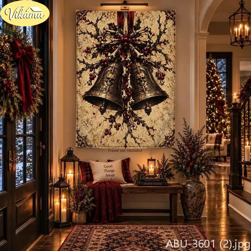 VIKAMA Retro Dark Christmas Bell Skull Tapestry, Making Old Pattern Background Cloth, Party Wall Decor