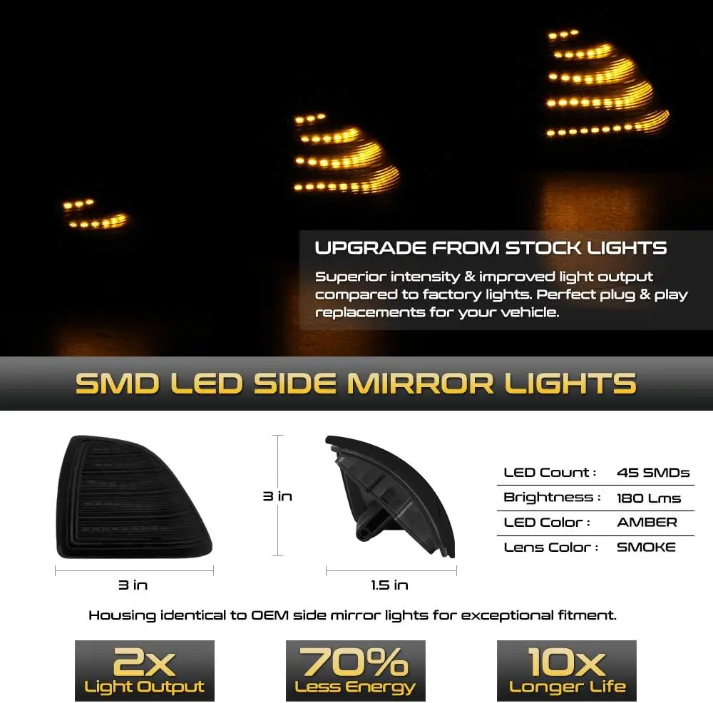 For 2009-2022 Compatible with Dodge RAM 1500 2500 3500 Classic Dark Smoke Amber LED Strips Side Towing Mirror Indicator