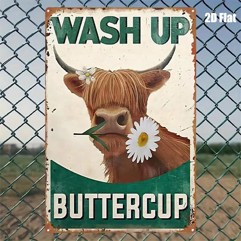 1pc Scottish Highland Cow with Daisies Decorative Metal Sign, Iron Wall Art with Pre-Drilled Holes for Easy Hanging - Durable