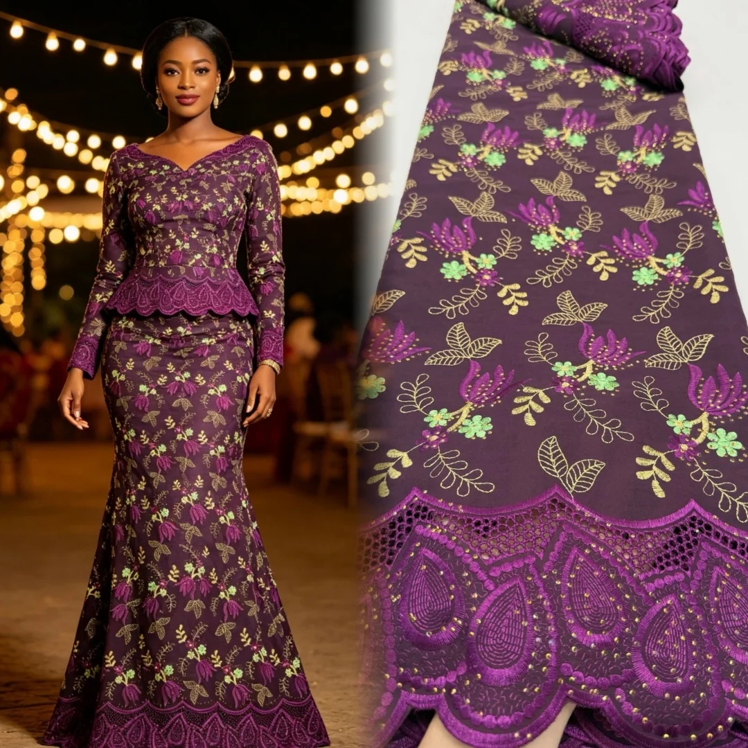

Austria Lace 100% Cotton Lurex Embroidered African Voile Fabric with Czech Stones for Celebrants - Highest Quality