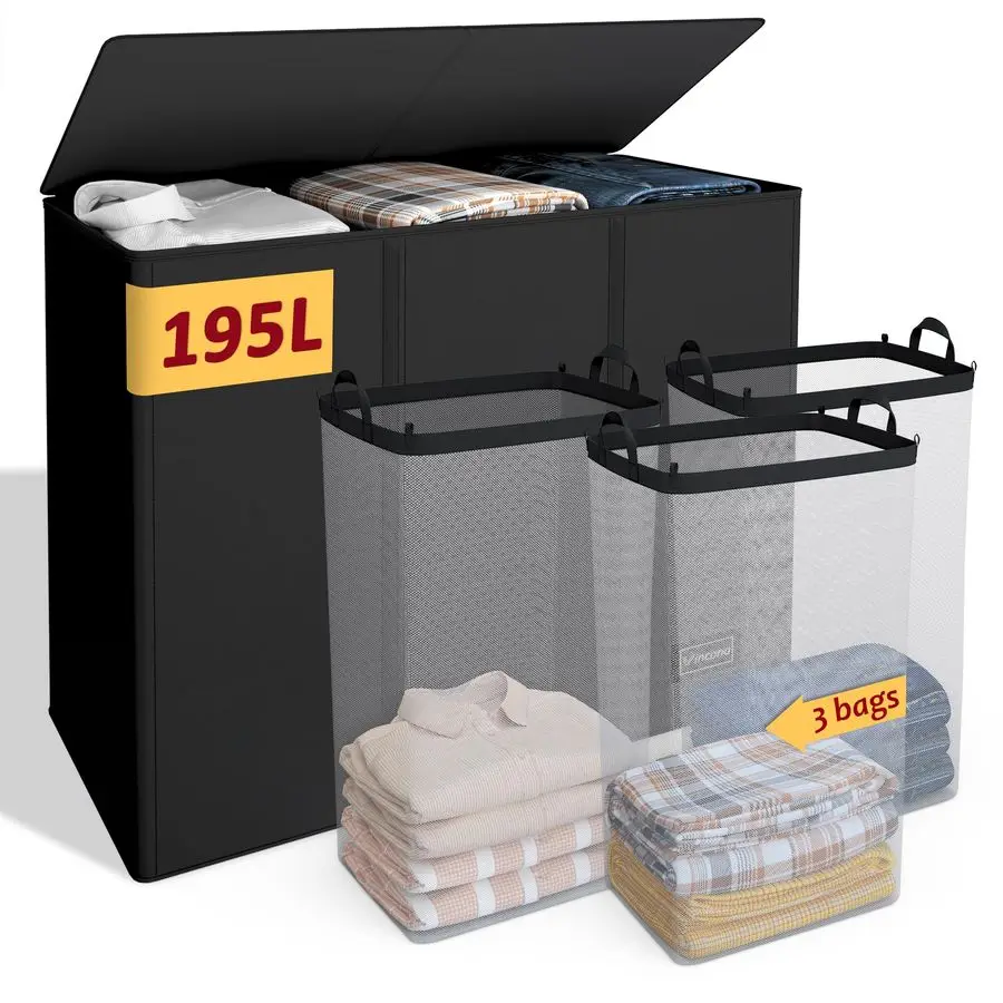 

Корзина для белья на 3 секции, большая корзина для грязного белья с крышкой, корзина для грязной одежды с 3 внутренними мешками, складная корзина-органайзер для белья