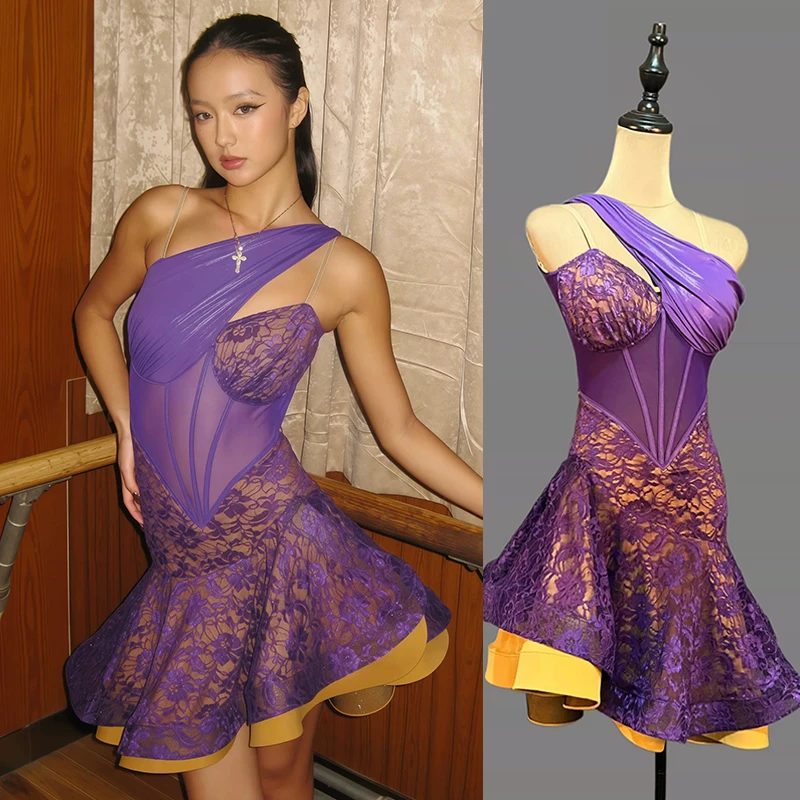 Backless Purple Latin Dance Dress Women Lace Flounce Dress Adult Latin Show Performance Stage Outfit Competition Clothing 3020