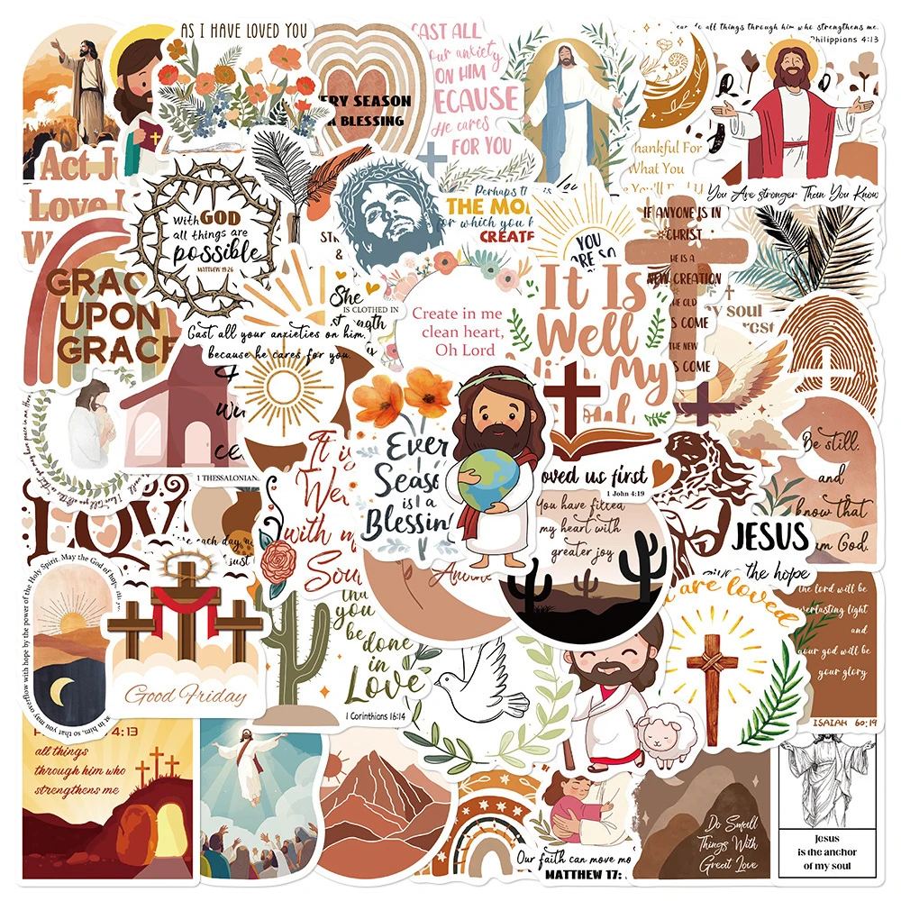 10/30/50pcs Cartoon Jesus Bible Phrases Christian Stickers Graffiti Decals DIY Notebook Guitar Phone Suitcase Sticker Decoration