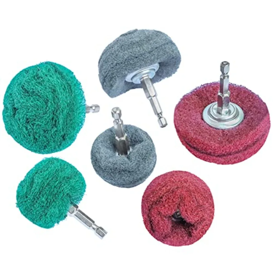 6PCS Non Woven Abrasive Buffing Polishing Wheel Drill Attachment Set, Scouring Pads Power Scrubber Cleaning Kit, Power-Operated