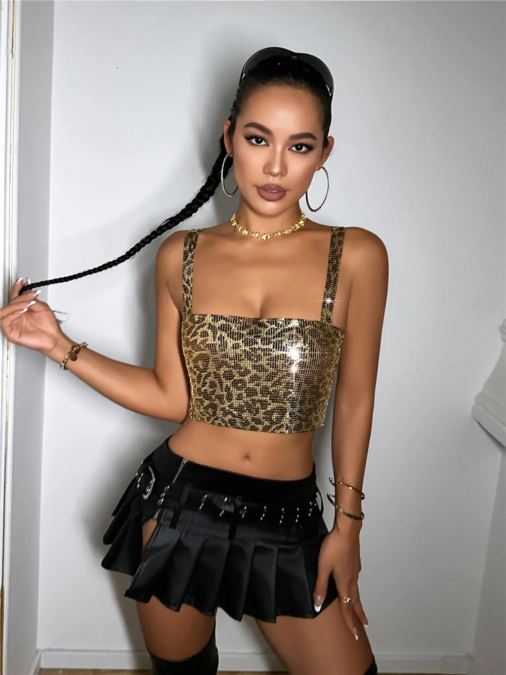 Luxury Leopard Print Metal Sequins Tank Top Women Summer Beach Sexy Backless Sling Cropped Top Vocal Concert Party Camisole