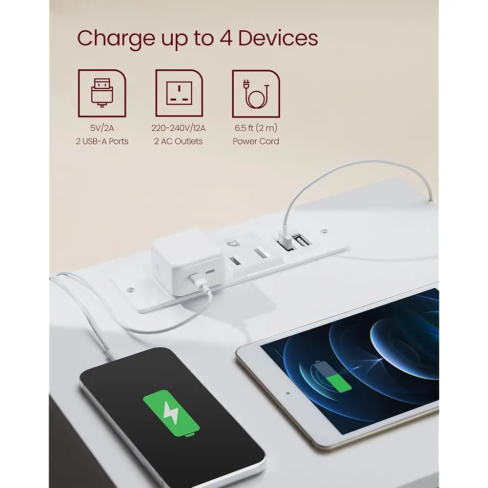 منضدة مع قاعدة شحن، 2 منفذ تيار متردد ومنافذ USB، طاولة بجانب السرير، طاولة جانبية مع 3 أدراج، طراز حديث، 13.8 X