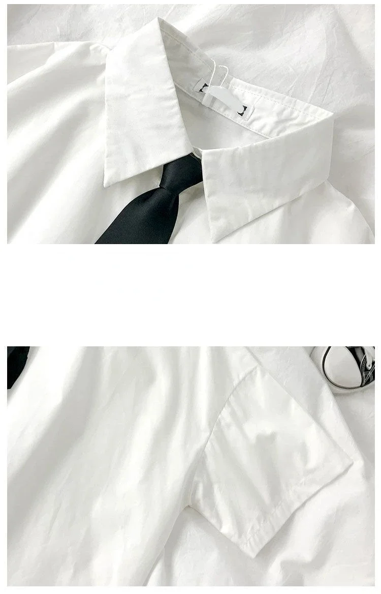 White Shirt Women Blusas Short Sleeve Lapel Blouse with Tie Japanese Fashion Student Summer Daily College Style Top