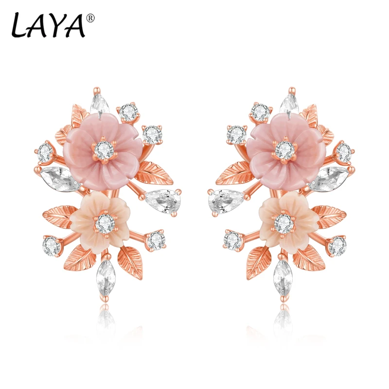 

Серьги LAYA для женщин, розовые, с цветочным узором, белые, с блестящим цирконием, 100% стерлинговое серебро 925 пробы, для вечеринок, помолвки, романтические украшения