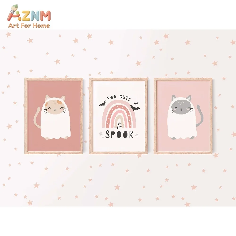 AZNM 3Pcs Pink Ghost Cat Canvas Wall Art, Cute Rainbow Too Cute To Spook Halloween Print Frameless Canvas Painting, Pastel Kids