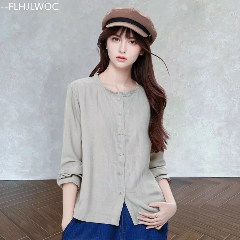 

Хлопковые льняные топы, блузки, милые милые женские рубашки с длинными рукавами в японском стиле, однотонные оборки в стиле ретро, винтажные базовые хлопковые рубашки
