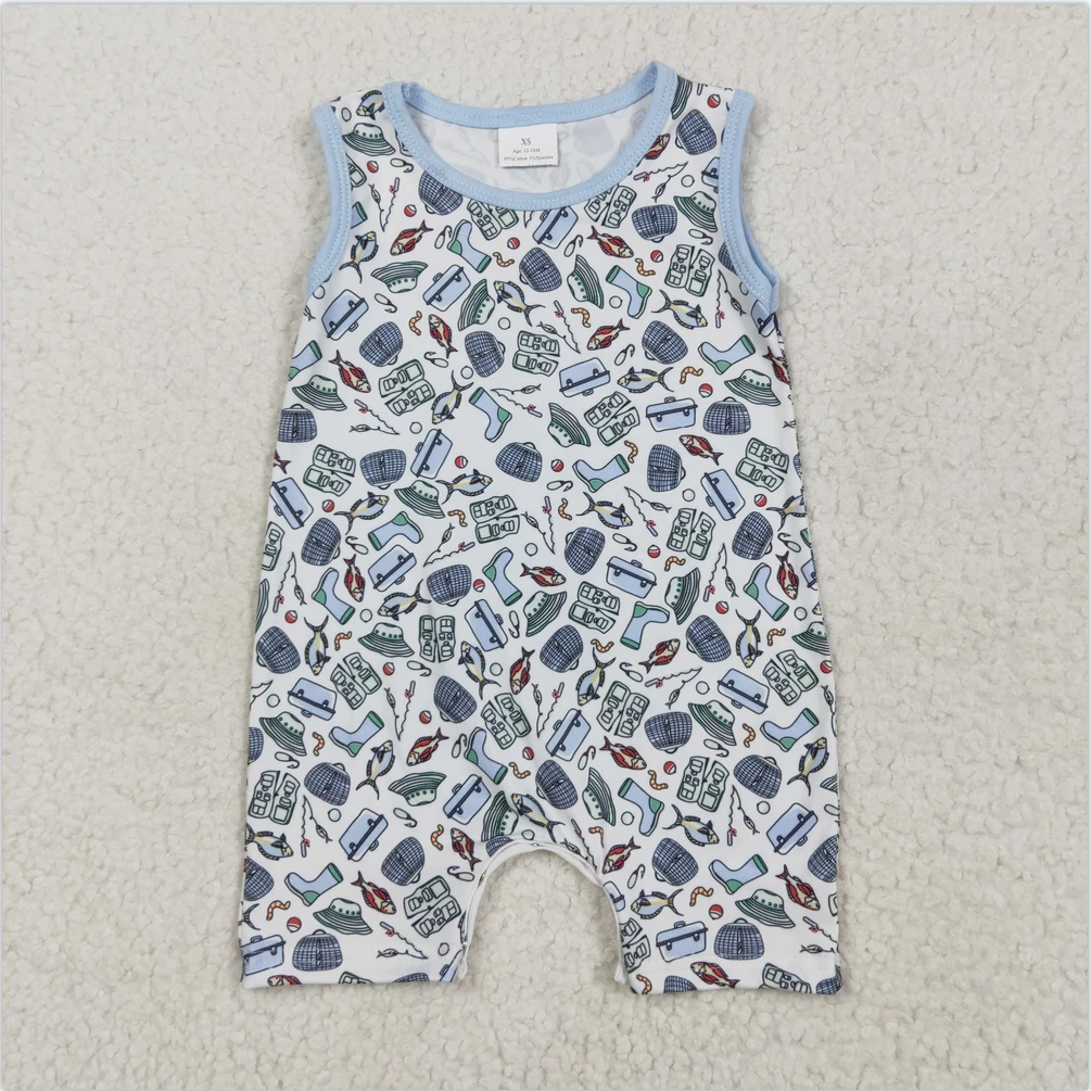 

Infant Boutique One-Piece Bodysuits Onesie Baby Infant Boys Sleeveless Fishes Rain Shoes Fishing Rompers