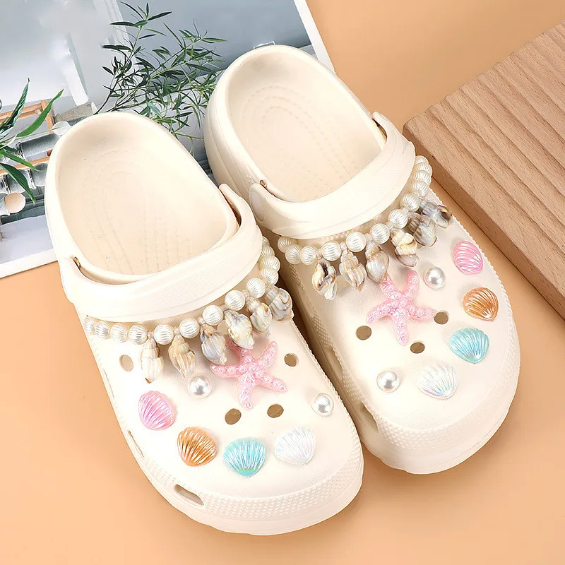 Fashion Shell Conch Chain Hole Shoe Charms Decorations Cute Starfish Pearls Shoes Buckle DIY 3D Hole Shoe Accessories