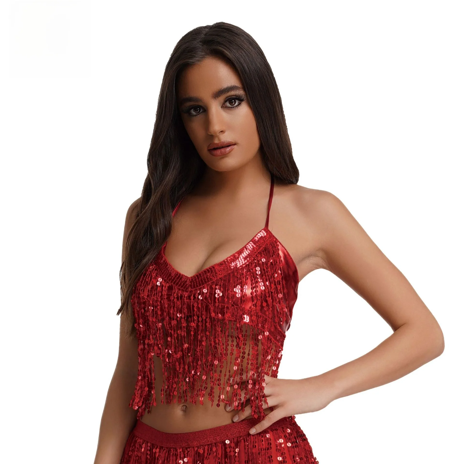 Top de Lentejuelas para loween, Top de Danza del Vientre con Flecos, Top sin Tirantes para Club, Disfraz de Fiesta, Produc...