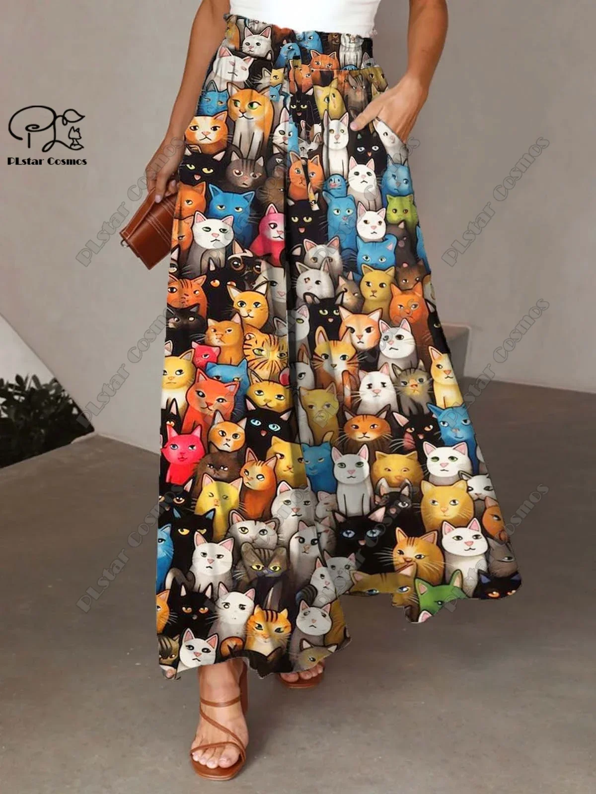 

3D printed colorful cat fox owl bat animal pattern women's wide leg pants elastic waist pleated trousers series