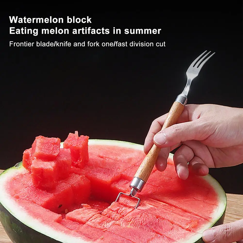 Melon Cube Slicer Watermelon Slicer Fork Cutter Stainless Steel 2-in-1 Tool for Smooth Fruit Carving Wooden Handle for Home