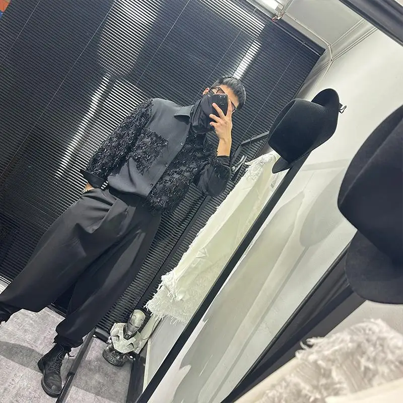 Season New Pu Shuai Avant-Garde Tassel Stitching Shirt Men's Long Sleeve Loose Retro Lapel Coat