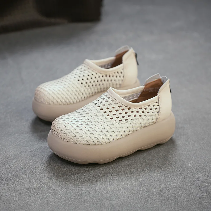 2026 Women Summer Cool Boots Round Toe Genuine Cow Leather Air Mesh Breathable 6cm Thick High Heel Platform Ankle Boots