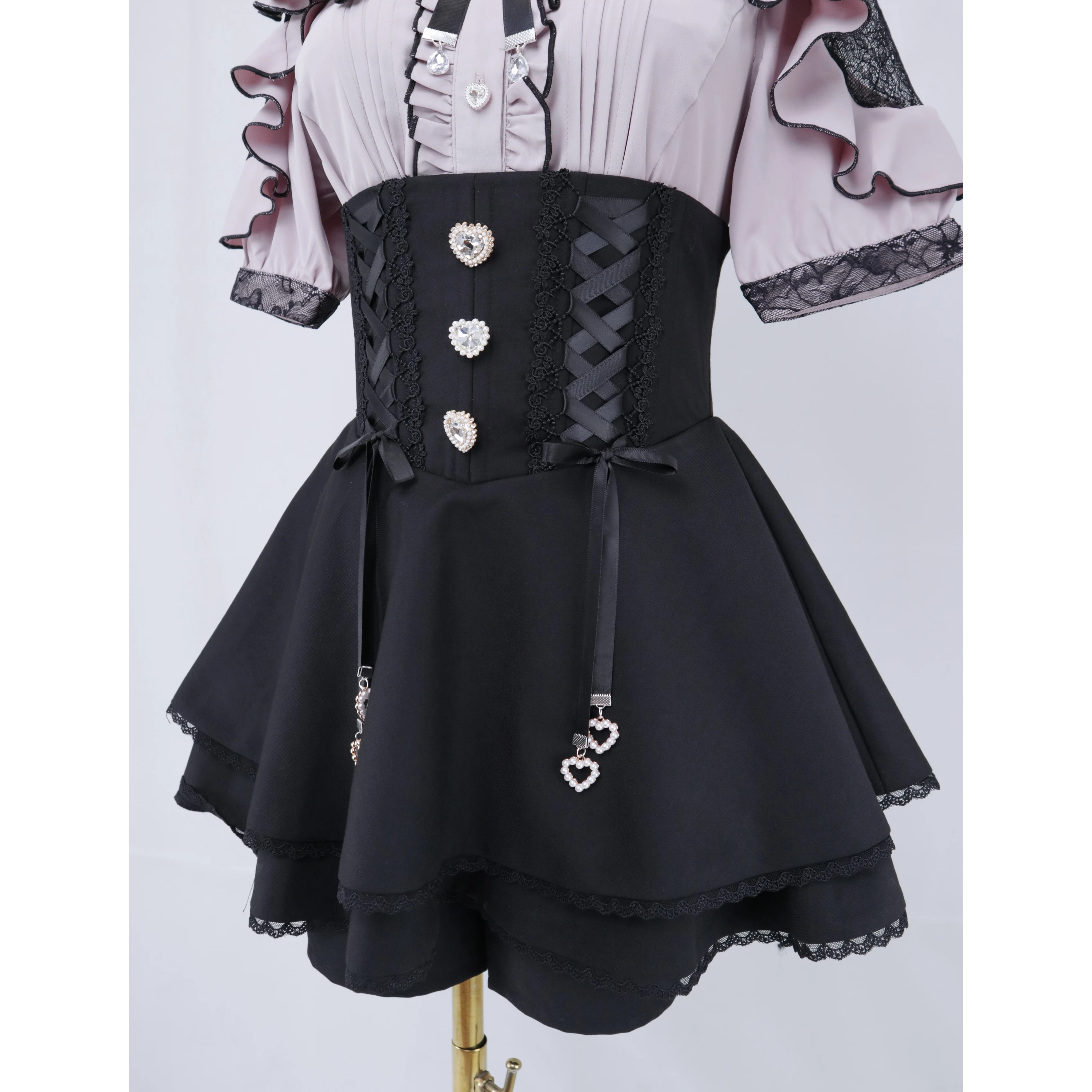 النمط الياباني الألغام الإنتاج الضخم الأسود عالية الخصر تنورة قصيرة صيف جديد الحلو Y2K تنورة صغيرة لوليتا قميص قصير الأكمام