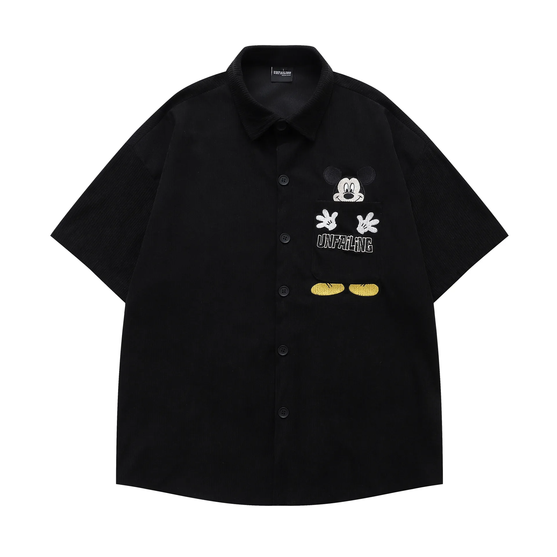 American Retro Creative Cartoon Embroidery Corduroy Short Sleeve Shirt for Men and Women Loose Casual Versatile Couple Shirt