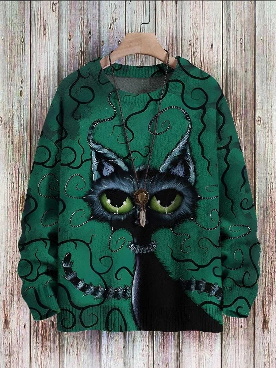 Halloween-Schloss, schwarze Katze, Geist, Retro-Kunst, 3D-Druck, Herren-Strickpullover, Winter, Unisex, lässiger Strickpullover. – Detail 3