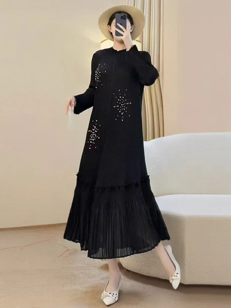 ミヤケ 蓮の葉ドレス ペンデュラムプレート フラワースリーブ 立体花飾り プリーツ Aライン ビーズデザイン ロングドレス