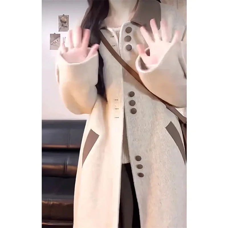 Winter Ladies Long Sleeved Wool Jacket Autumn Female Medium Length Blend Outwear Korean Women Fashion Loose Thicken Woolen Coat