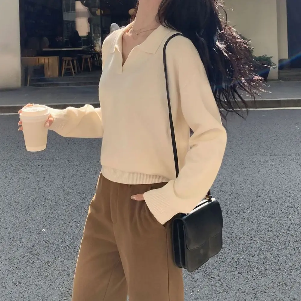 

Стильные однотонные кардиганы с откидным воротником, свободный трикотаж с длинными рукавами, простой пуловер, вязаный топ для женщин, осень