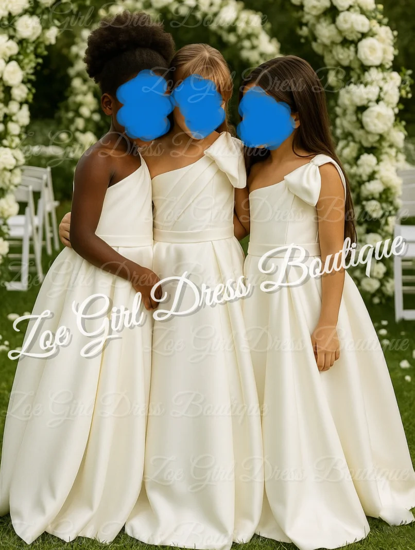 ワンショルダーフラワーガールドレス 結婚式用 リボン付き サテン フロアレングス ボールガウン ベビーガール誕生日ボールガウン カスタマイズ