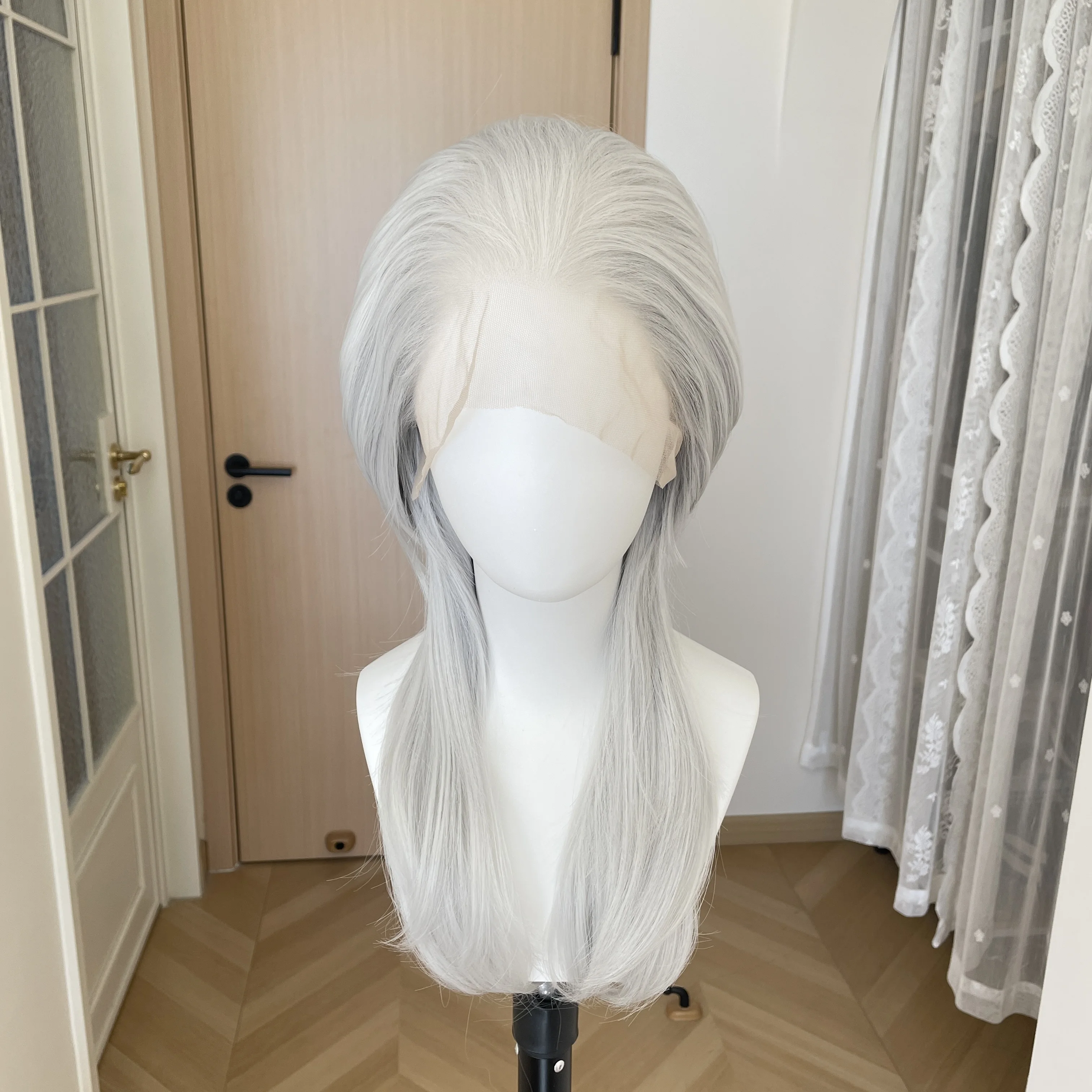 Peruca Mullet Prata Acinzentada na Altura dos Ombros para Mulheres, Peruca Sintética com Renda Frontal 13x4 para Homens, Peruca Curta Cacheada em Camadas com Rabo de Cavalo, Peruca Sem Cola