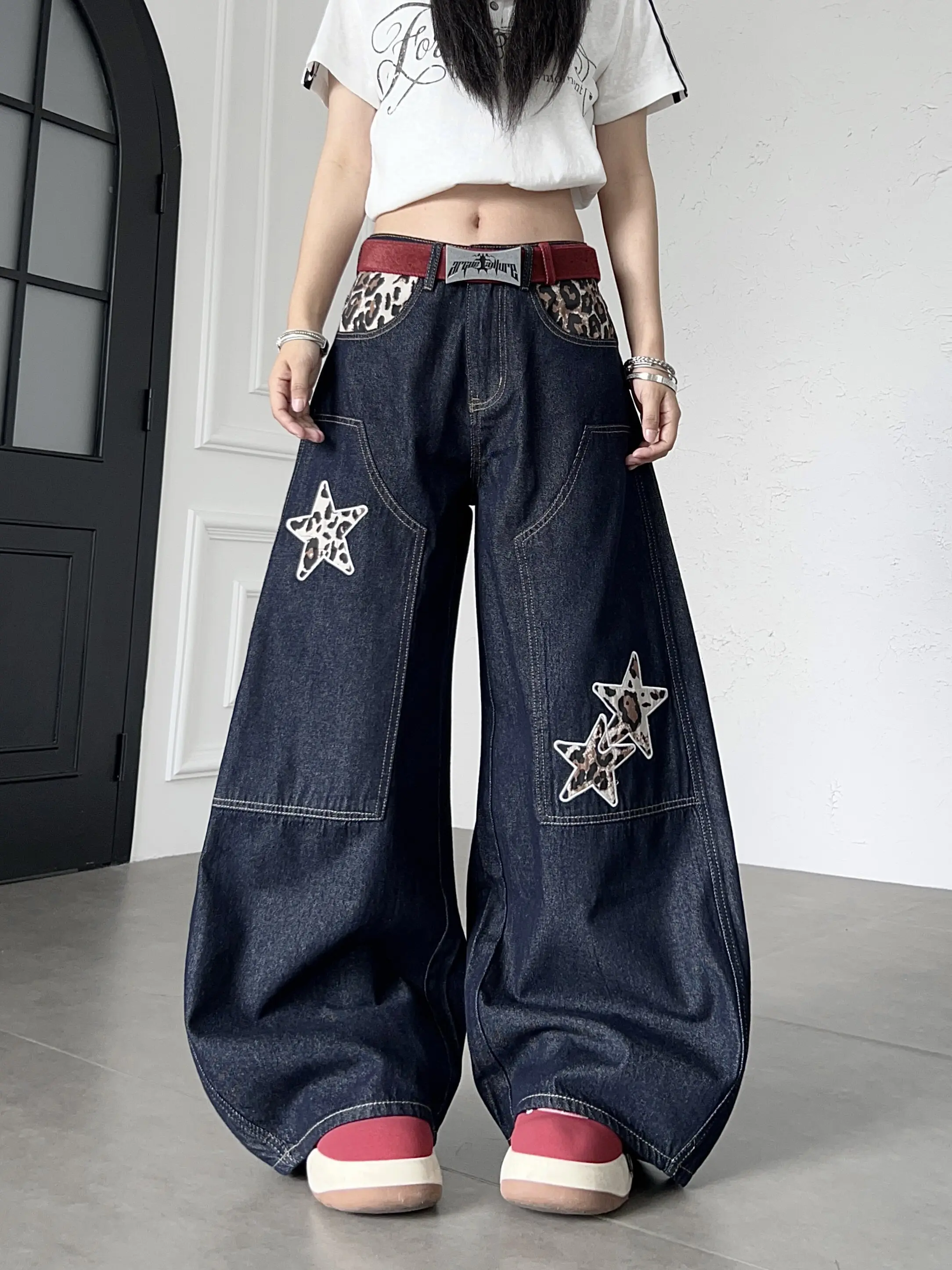 Retro American Street Leopard Print Star Patchwork Jeans Men Women Loose Wide Leg Deconstructed Knife Long Trousers Trendy