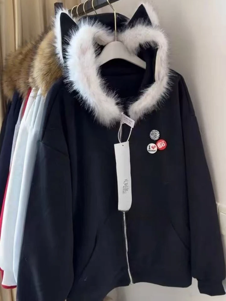 American Vintage Cat Ear Design Hooded Coat Women Sweet Cute Loose Cardigan Autumn Winter Casual Fashion Long Sleeve Outerwear