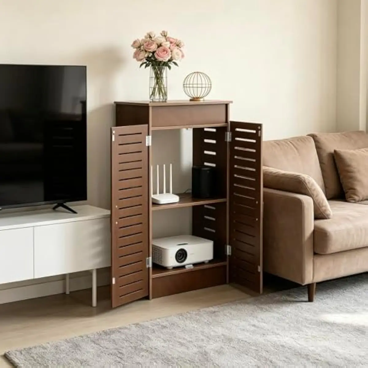 AV Media Storage Cabinet with Ventilated Back Panel Adjustable Shelves Floor Standing Router Organizer Compact Electronics Enclo