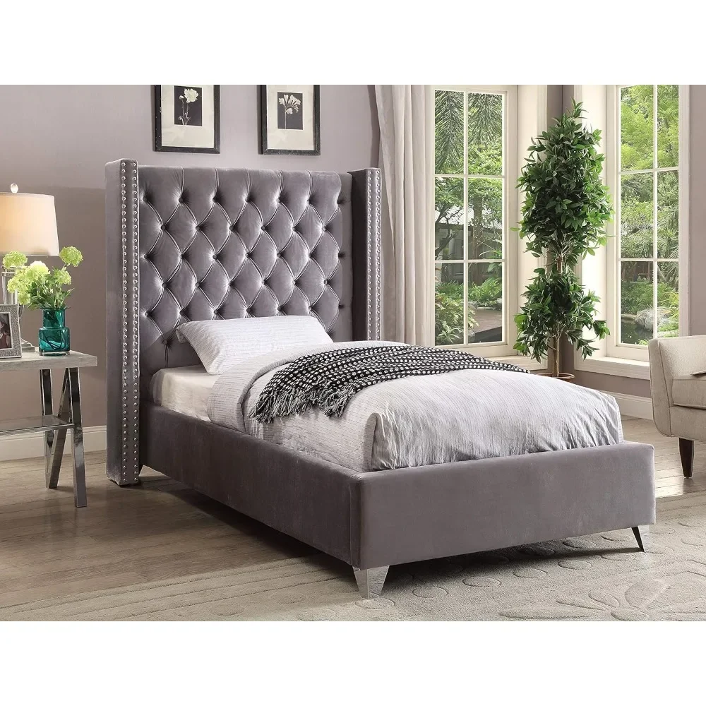 Twin Size Bed Frame with Deep Button Tufting, Solid Wood Frame, and Custom Chrome Legs, Contemporary Velvet Upholstered Bed