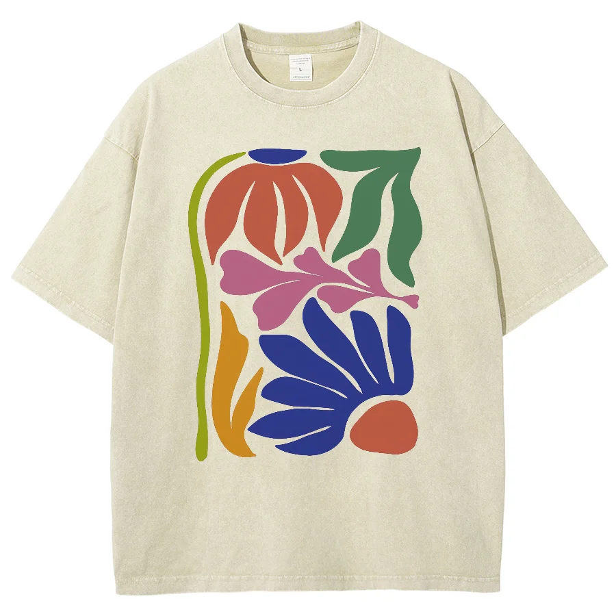 

Color T-Shirt Withered Lines Flower Print Fashion Trend New Loose Shoulder Round Neck Neutral Style Pullover Short Sleeve