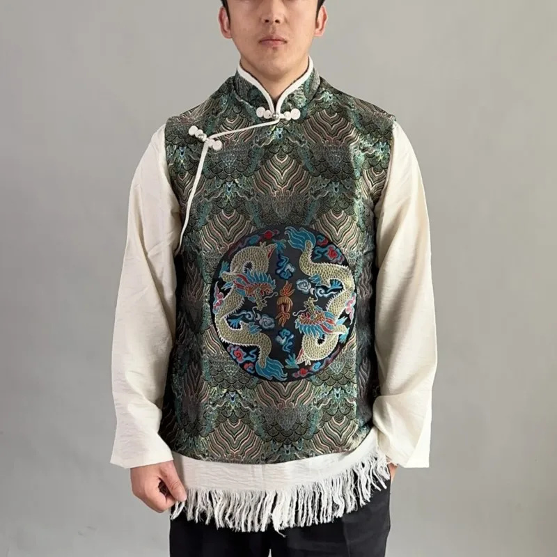 

Men's Water Pattern Tibetan Clothing Ethnic Style Fake Two-Piece One-Piece Tassel Jacket Outer Vest Shirt
