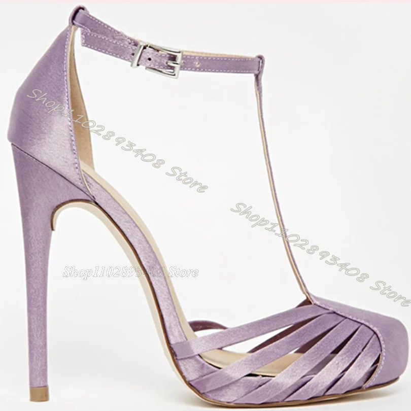 

Purple Ankle Buckle Silk Pumps Round Toe Solid Stiletto Heels Shoes New Fashion Women Party Dress Shoes 2023 Zapatos Para Mujere