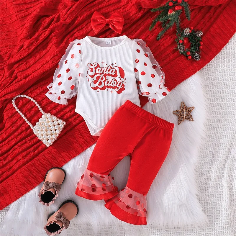 

Suefunskry Newborn Baby Girl 3Pcs Set Christmas Letter Print Lantern Sleeve Romper and Dot Flared Pants Headband Outfits