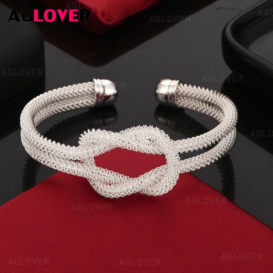 

AGLOVER 925 Sterling Silver Woven Mesh Open Bracelet Woman Cute Noble Anniversary Gift Jewelry