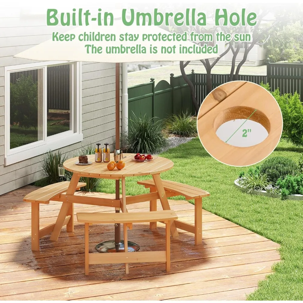 Tavolo da picnic per bambini per 6 persone, panca circolare per bambini in legno di abete con 3 sedili incorporati e foro per ombrellone, mobili per bambini all'aperto