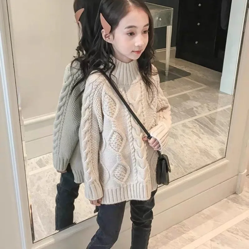 

Girls' Korean Style Solid Color Knit Sweater 2025 Spring Autumn Two-Season Jacket Soft Cotton Blend Outdoor/Indoor Wear