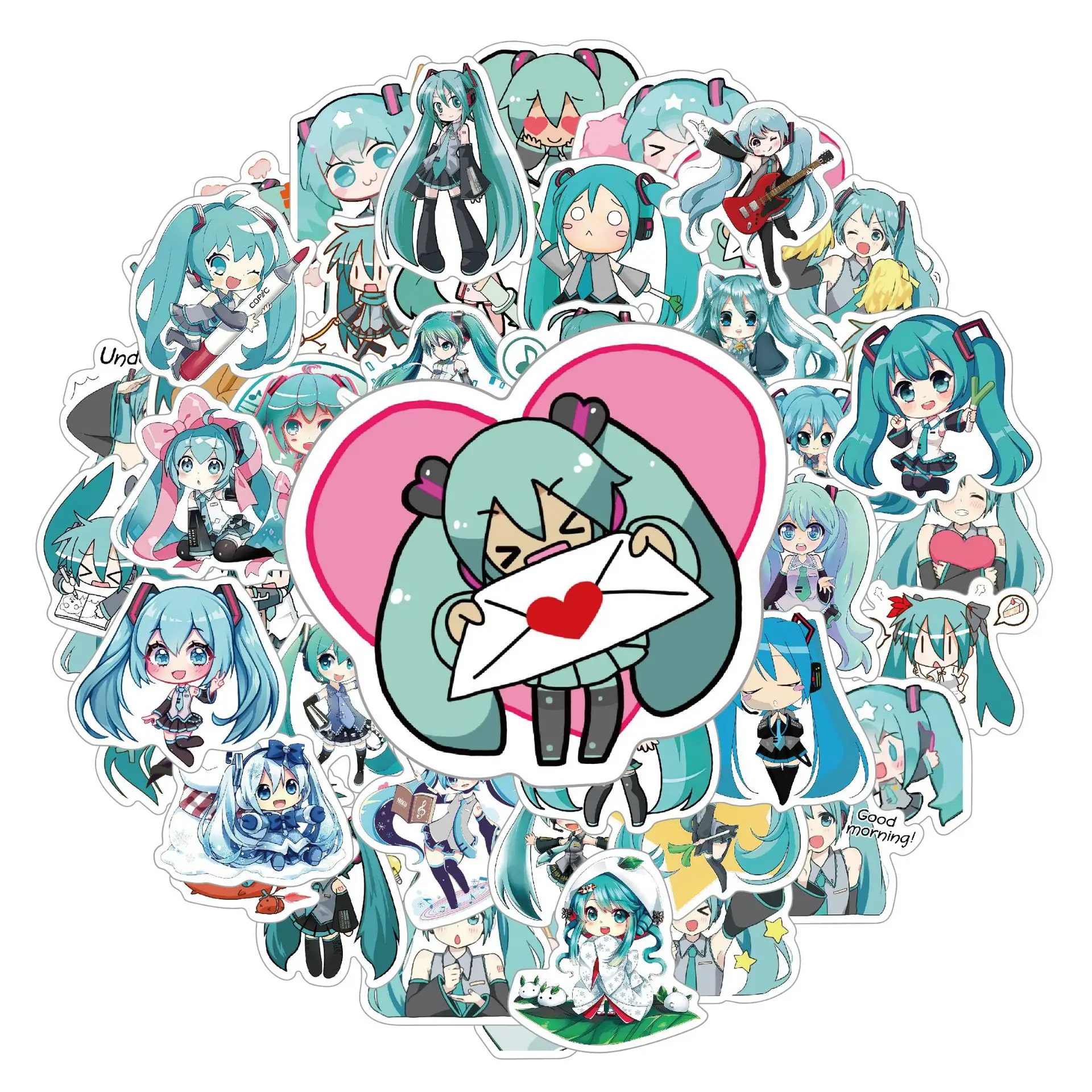 50pcs Cartoon Strip Paper Hatsune Miku Waterproof Stickers Motorcycle Helmet Luggage Diy Graffiti Stickers