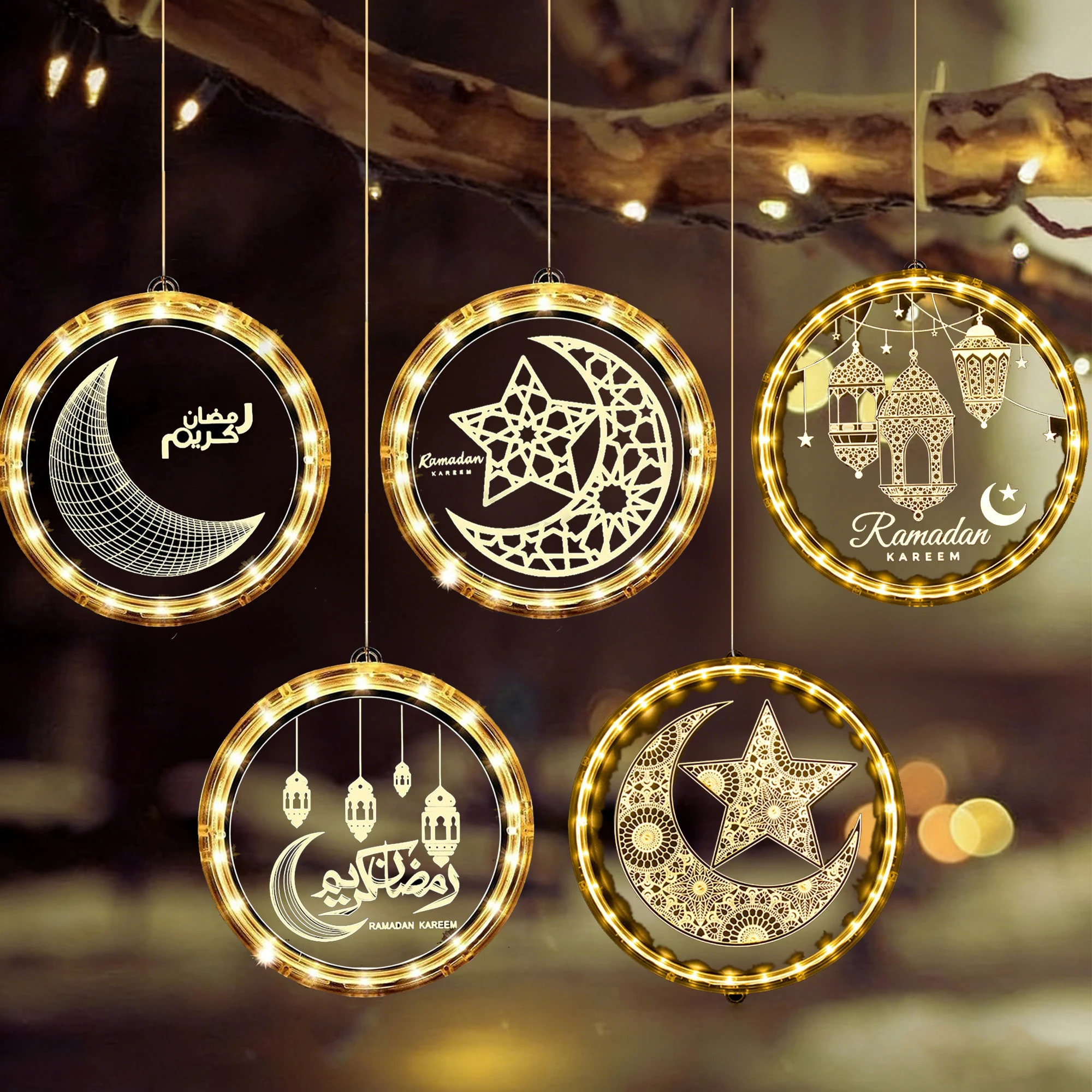1 Stück 24CM LED-Saugnapf-Leuchte Stern Mond Laterne Eid Mubarak LED-Hängeleuchte Ramadan Fensterdekoration Saugnapf-Leuchte