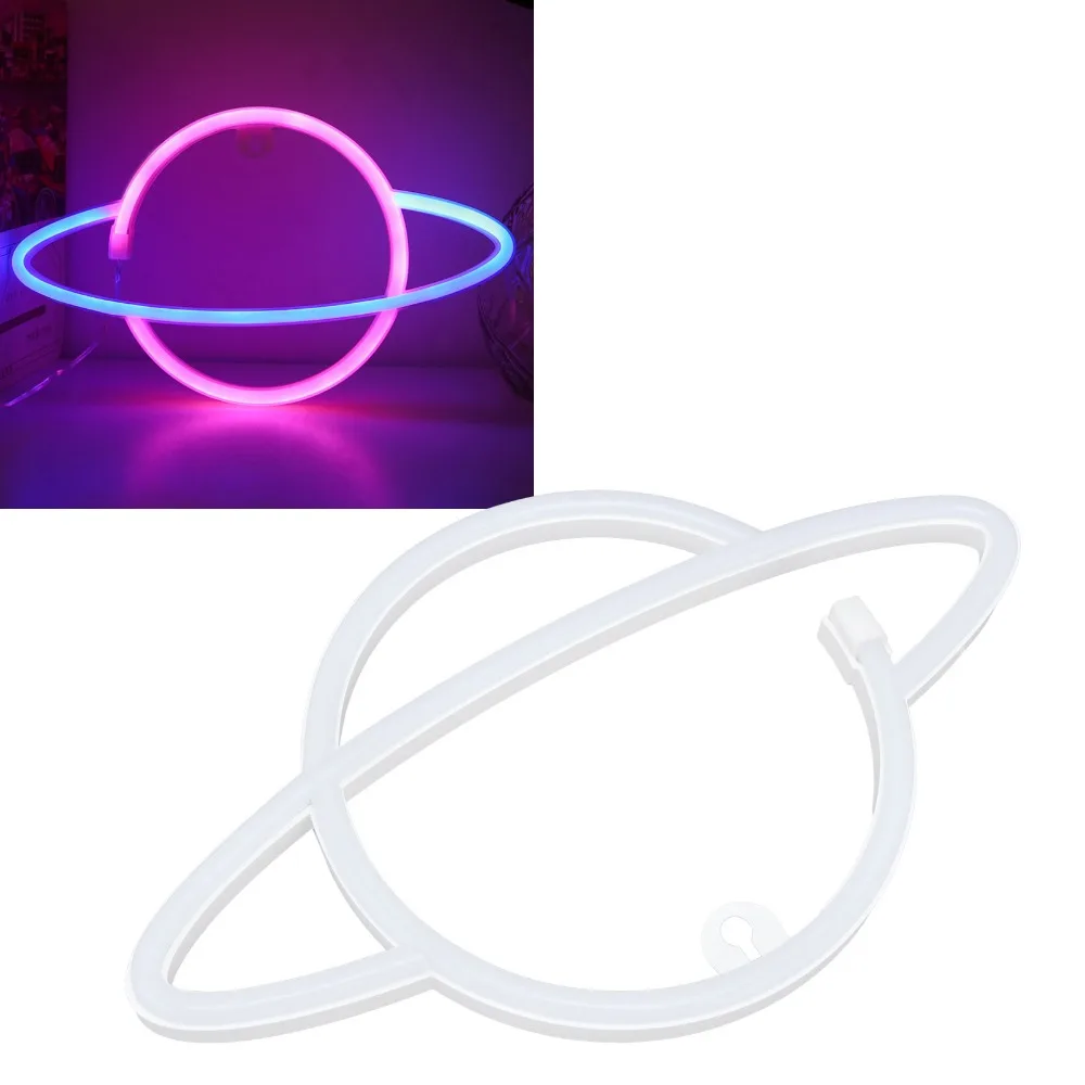 Planet Neon Sign USB or Battery Operated Dual Power Supply Night Light Pink Blue Color Wall Mounted Neon Light Living Room Decor